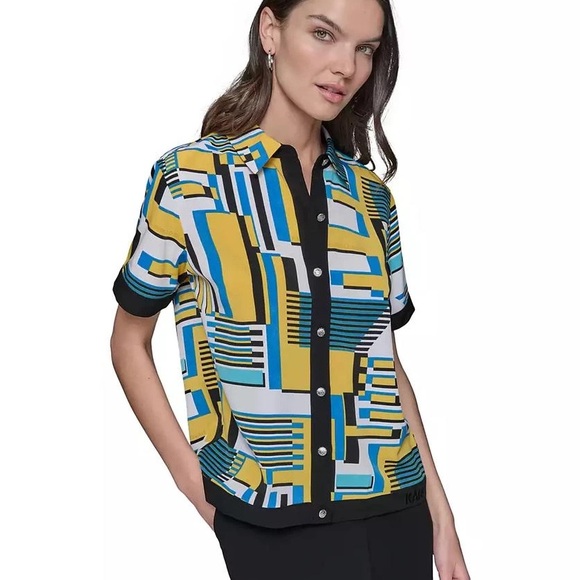 Karl Lagerfeld Tops - Karl Lagerfeld Women's Abstract-Print Button-Down Short-Sleeve Top